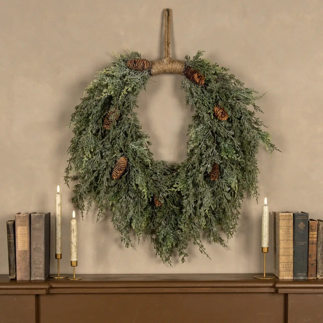 Dark Green Iced Cedar & Cones Hanging Wreath