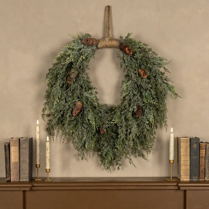 Dark Green Iced Cedar & Cones Hanging Wreath