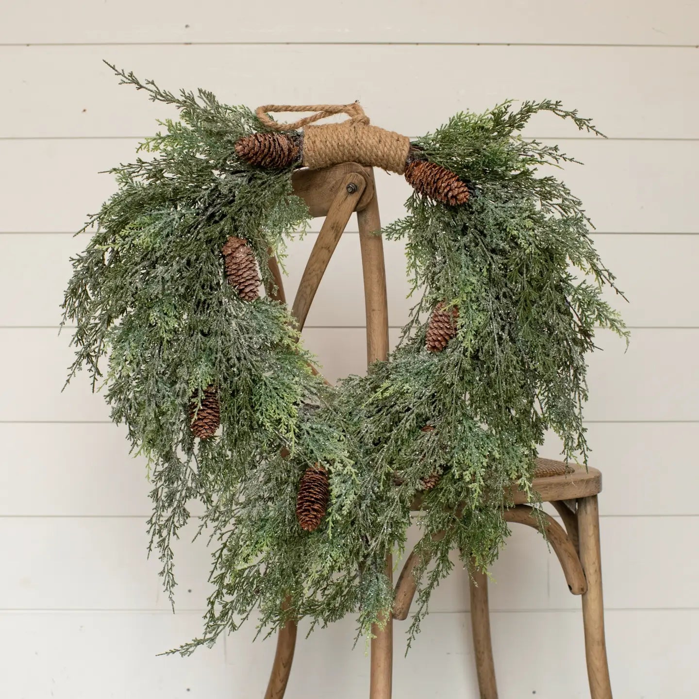 Dark Green Iced Cedar & Cones Hanging Wreath