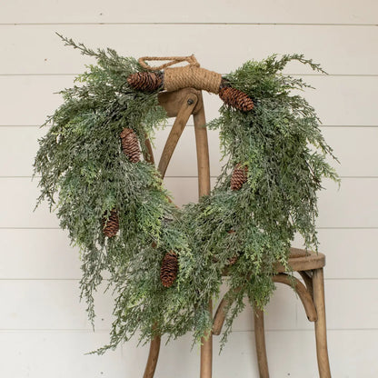 Dark Green Iced Cedar & Cones Hanging Wreath